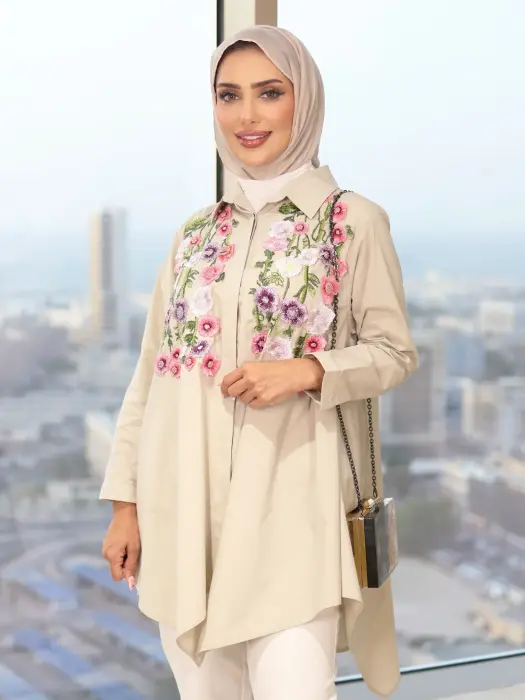Cotton shirt with roses-Light Beige-4 image 1