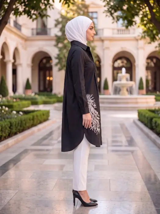 قميص طويل بكسرات ناعمة-اسود-2 image 1