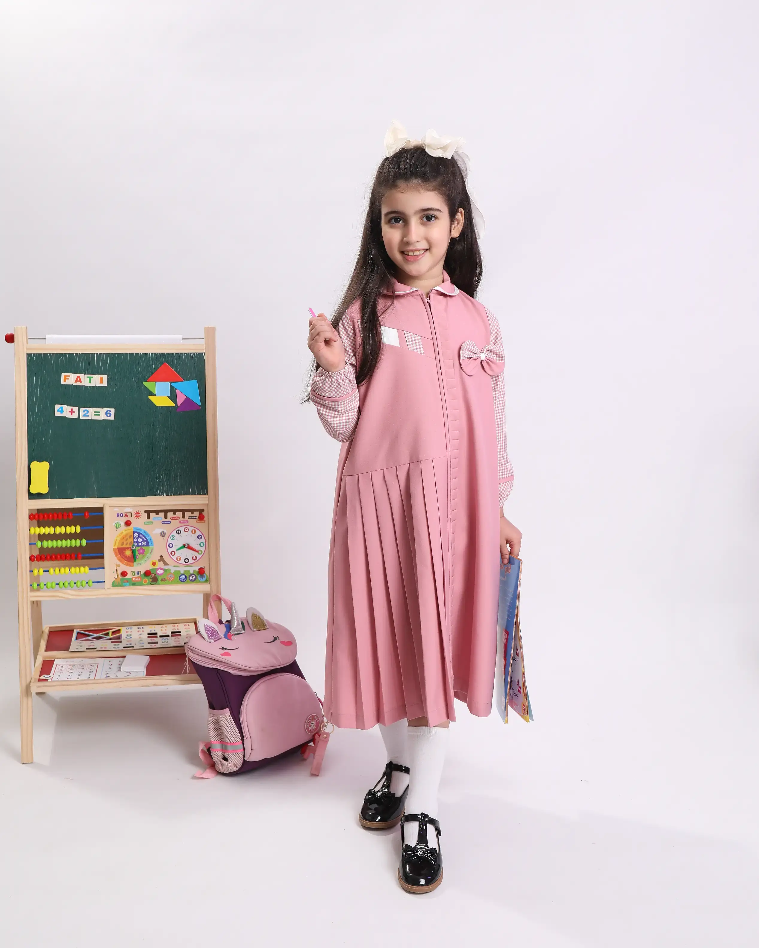 Full school uniform with bow and elastic sleeve - Pink - 12 image 0