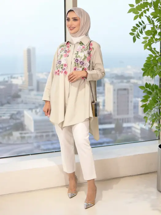 Cotton shirt with roses-Light Beige-4 image 0