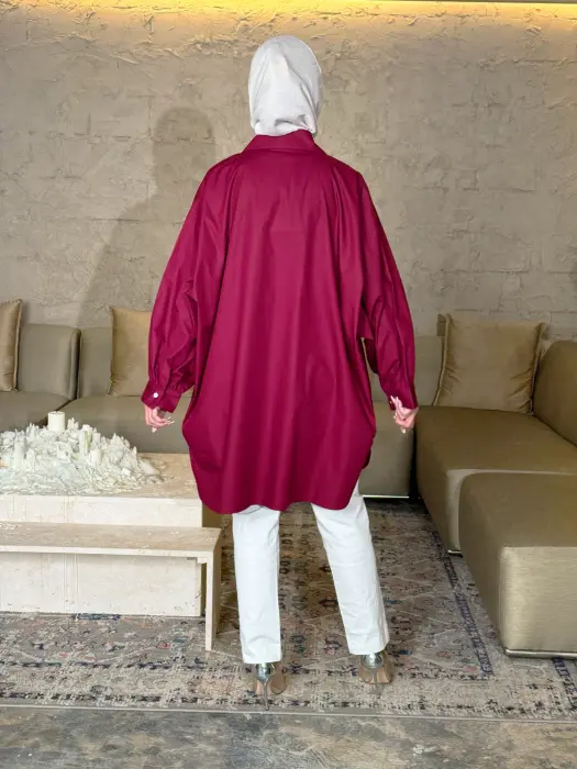 قميص قطني واسع - عنابي - FS image 3