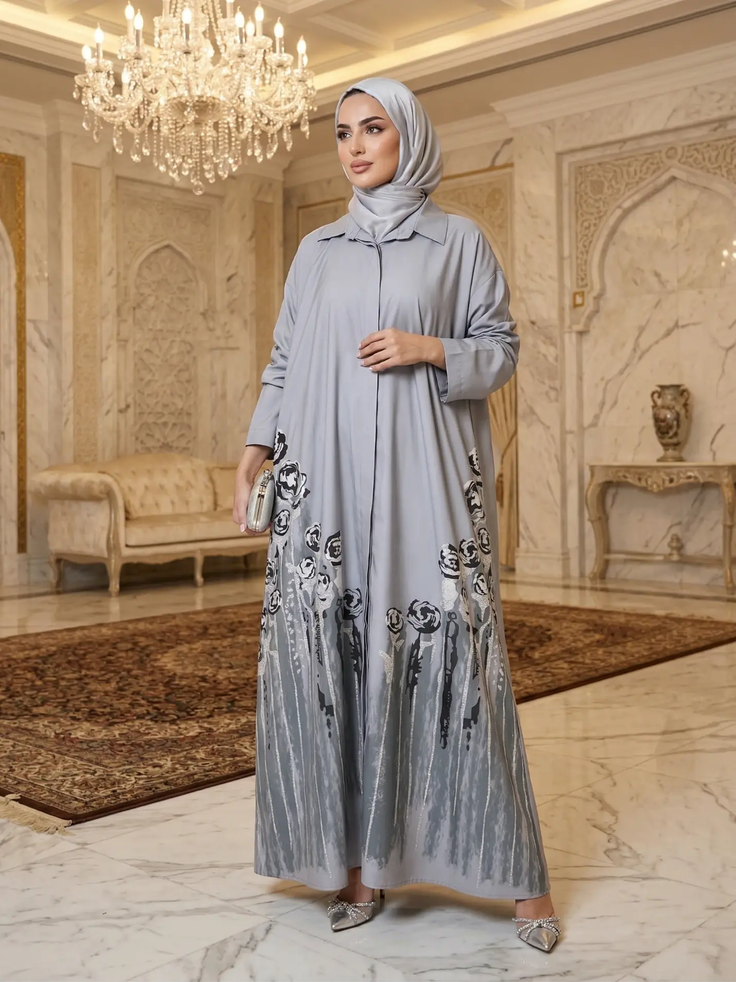 فستان طويل رمادي أنيق للمحجبات