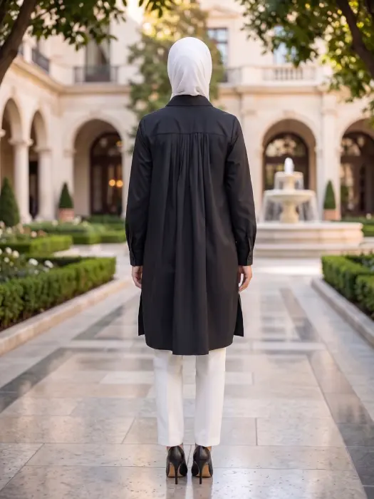 قميص طويل بكسرات ناعمة-اسود-2 image 2