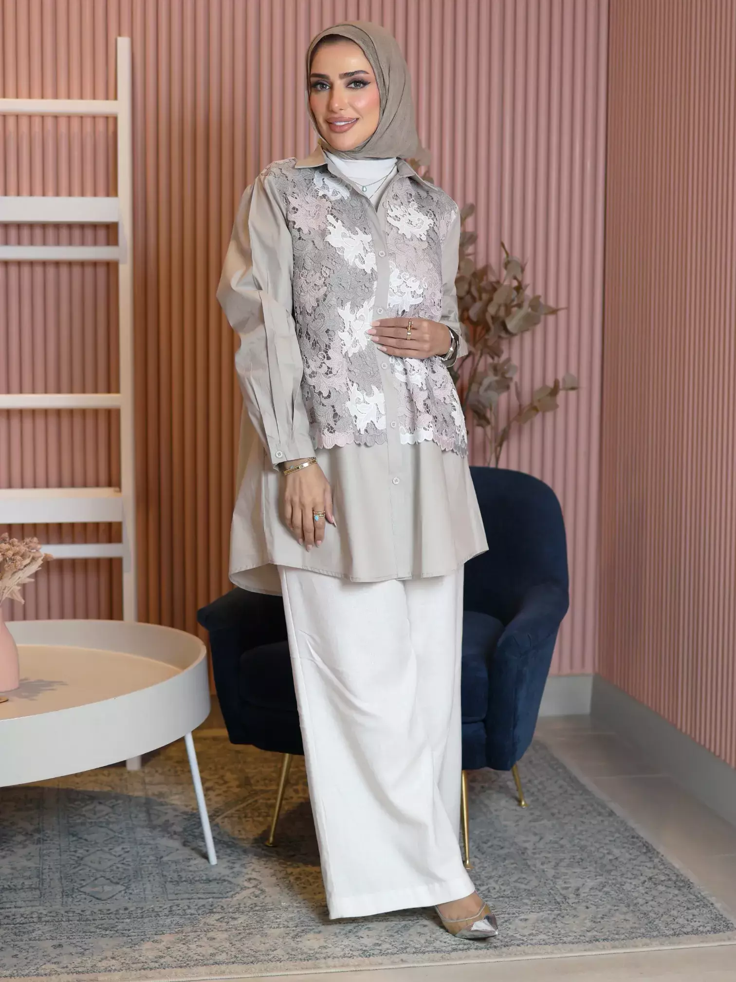 Cotton Shirt With Lace - Beige - 3 image 1