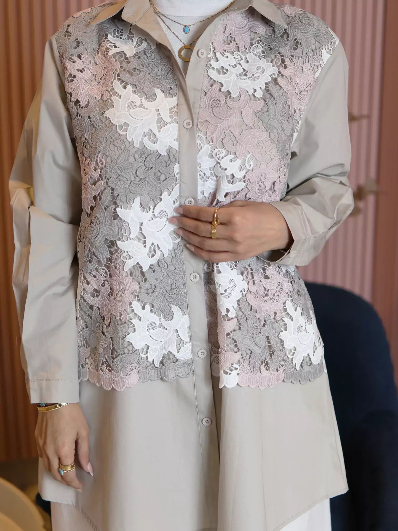 Cotton Shirt With Lace - Beige - 3 image 3
