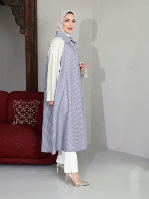فستان قصير مخطط للمحجبات-بيج مقلم ازرق-fs image 1