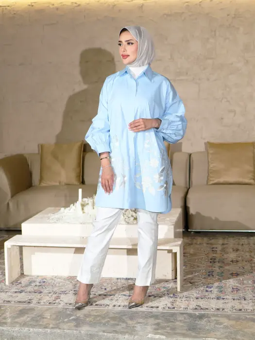 قميص قطني واسع - سماوي - FS image 0