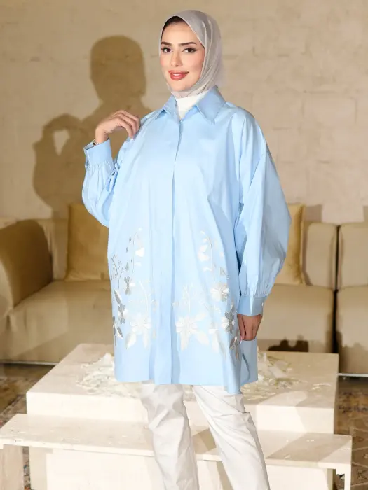 قميص قطني واسع - سماوي - FS image 1