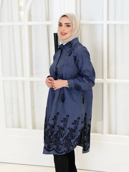 قميص طويل من الجينز-جينز كحلي-4 image 1