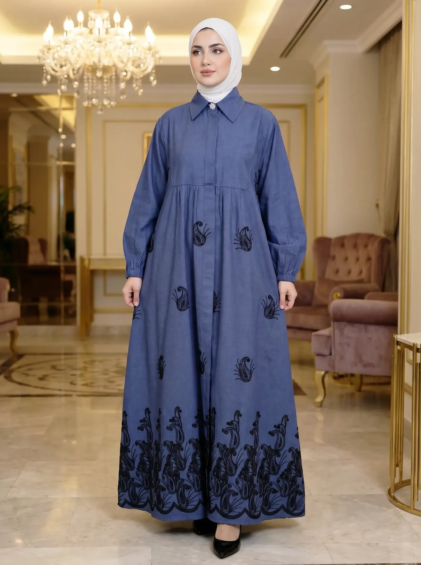 فستان جينز كحلي طويل للمحجبات