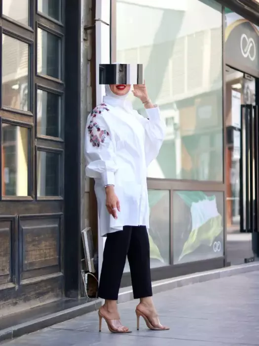 قميص قطني مع تطريز شك - ابيض - FS image 0
