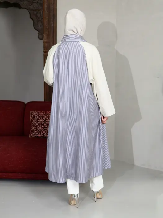فستان قصير مخطط للمحجبات-بيج مقلم ازرق-fs image 3