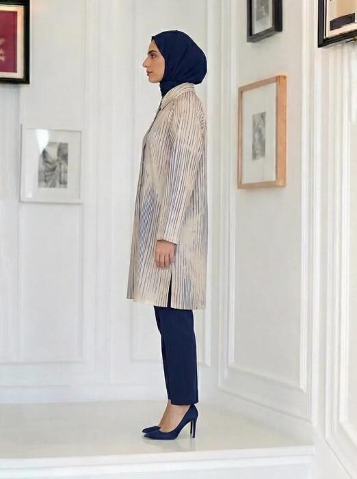 قميص طويل من القطن البارد-ازرق مقلم-FS image 1