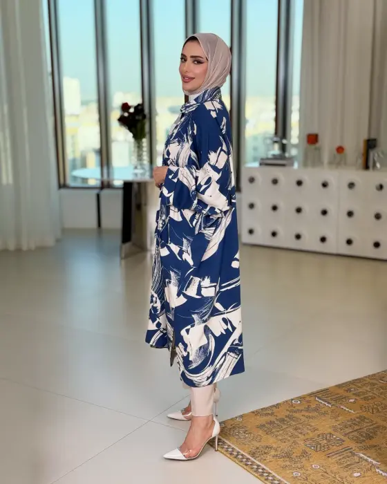 قميص طويل قطني مشجر-كحلي-FS image 1