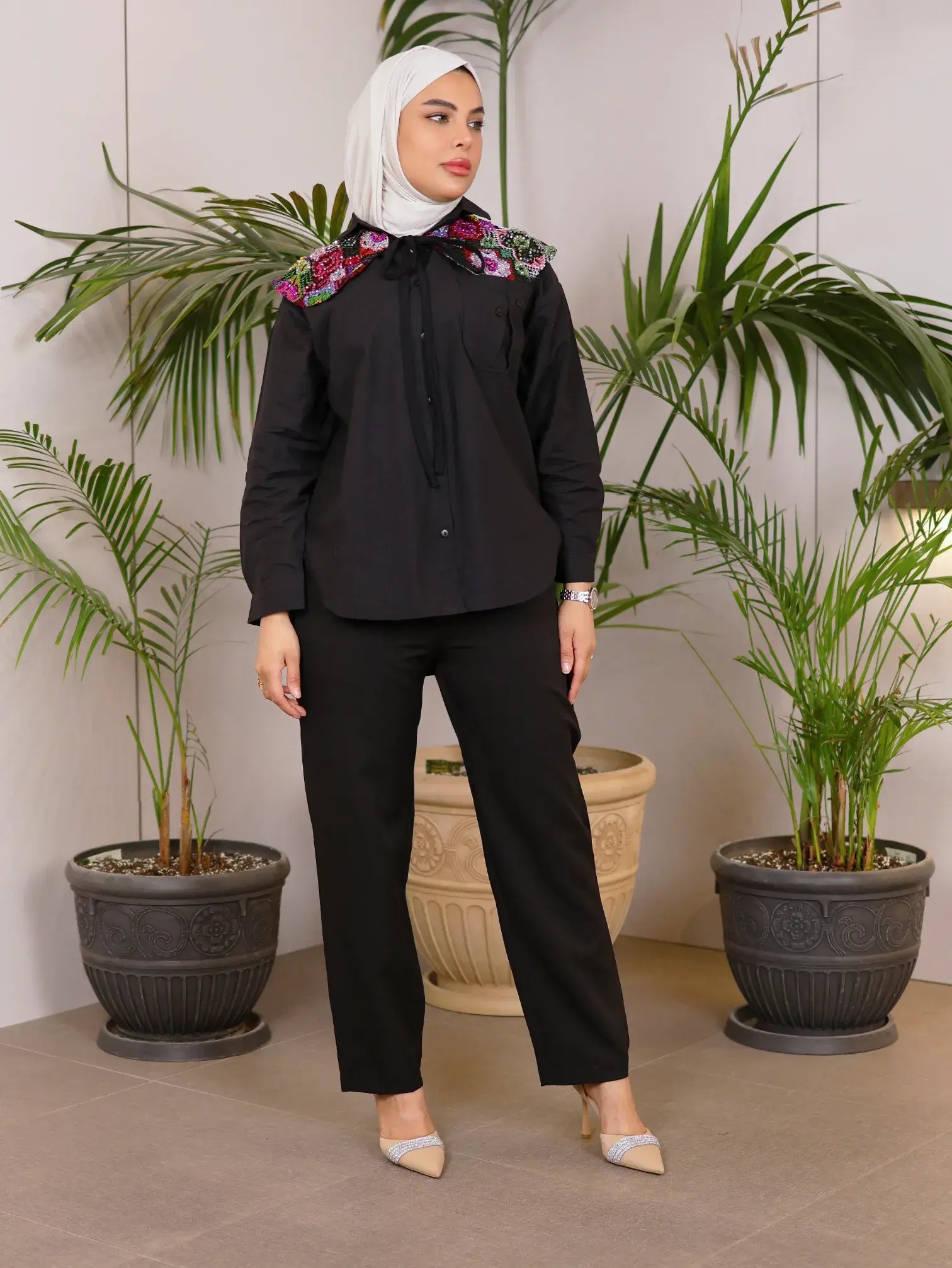 قميص مع سكارف العصري - اسود - 2 image 1