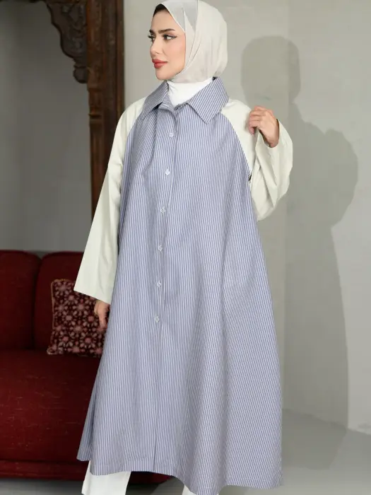 فستان قصير مخطط للمحجبات-بيج مقلم ازرق-fs image 2