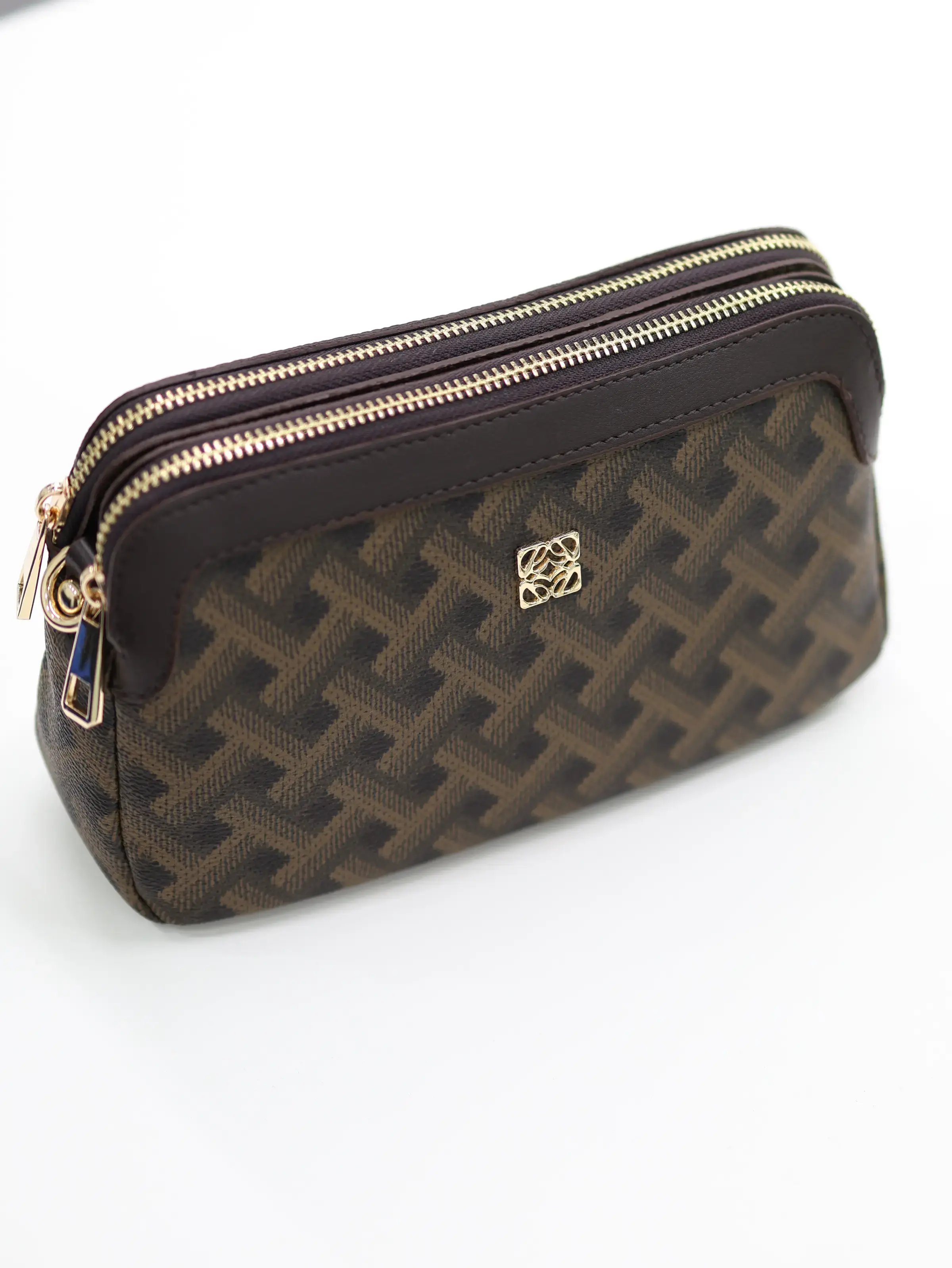 Patterned Double Zipper Shoulder Bag - Brown image 0
