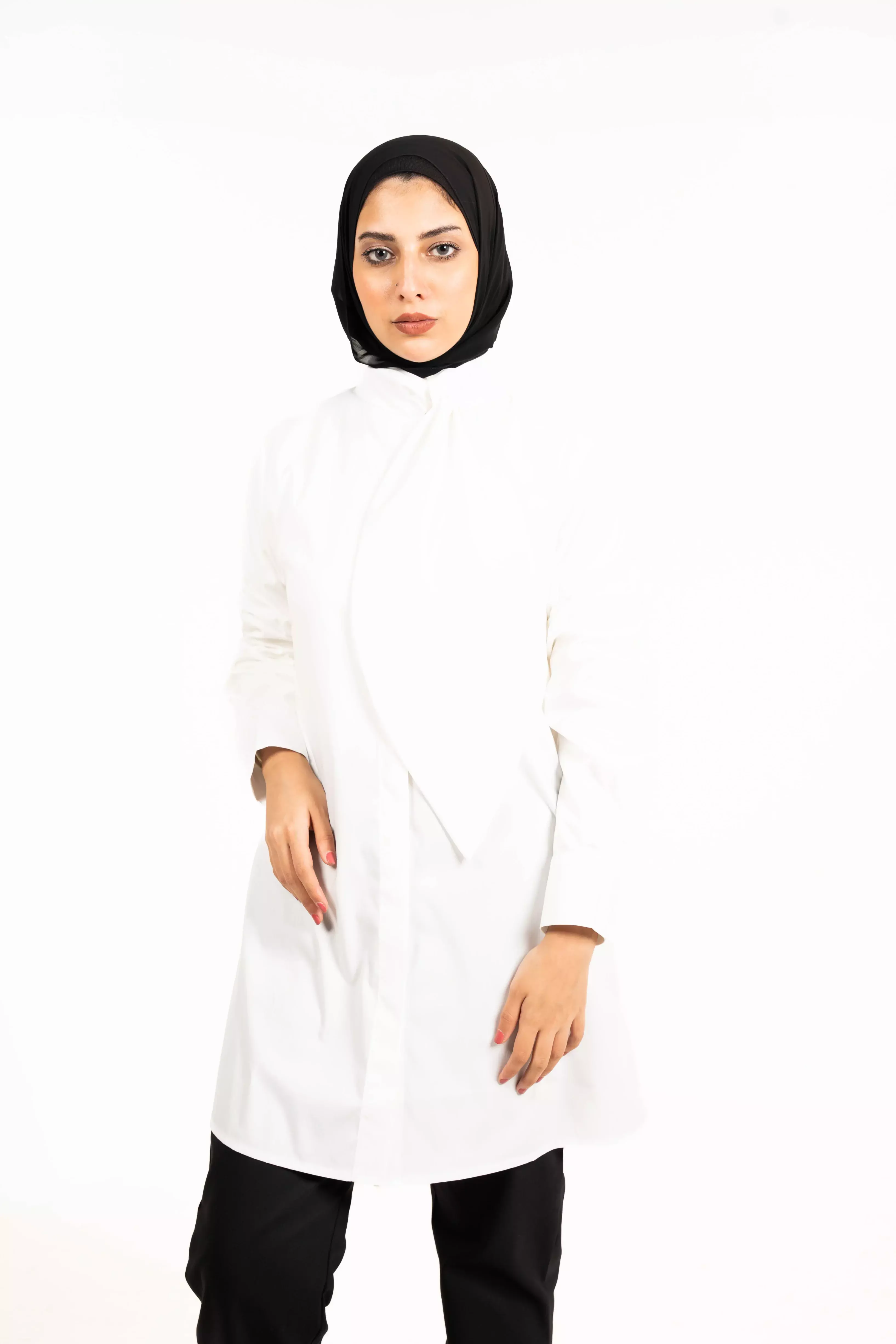 قميص من القطن مع وشاح - ابيض - 2 image 0
