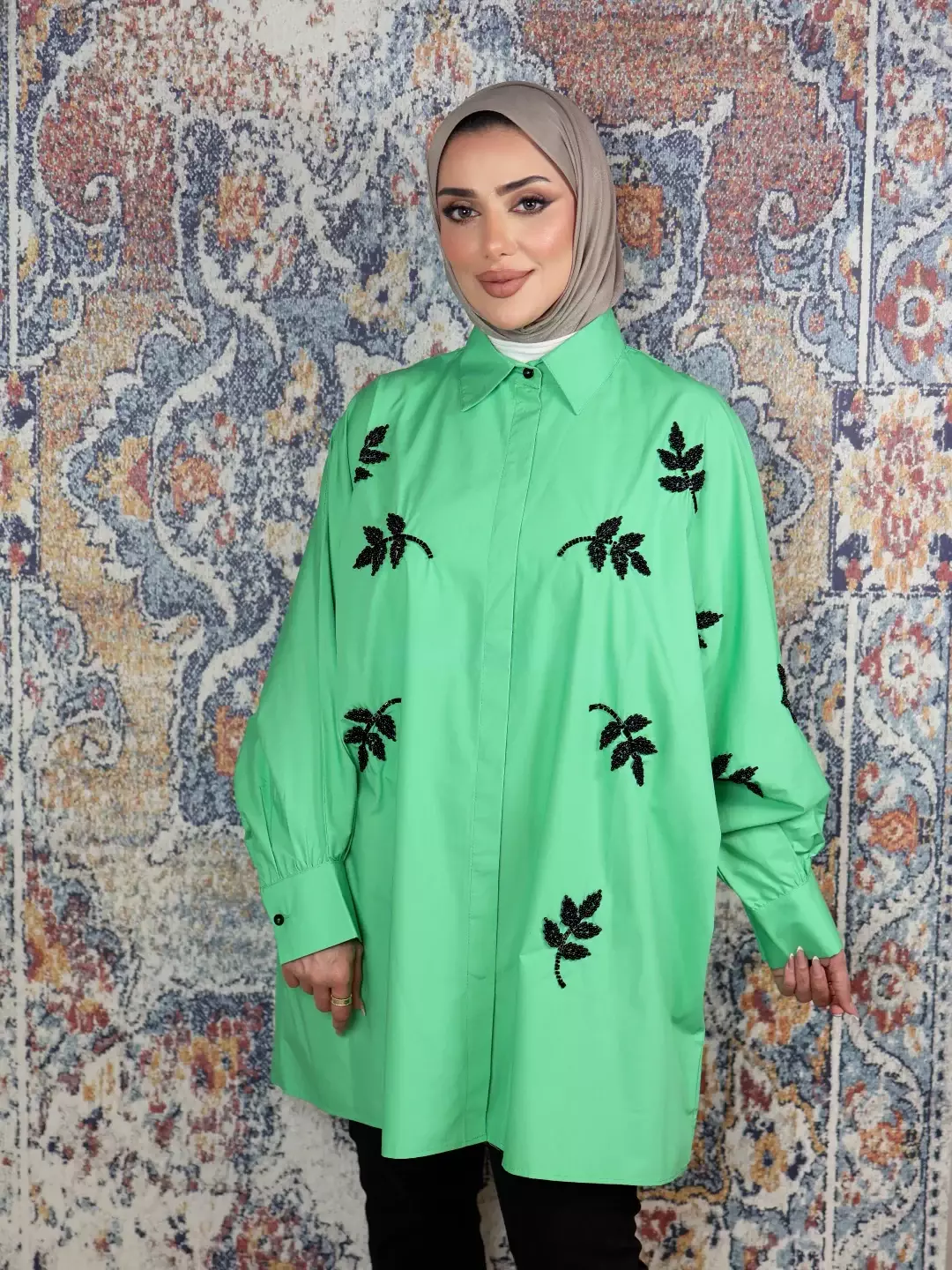 قميص قطن بتصميم جذاب - اخضر - FS image 2