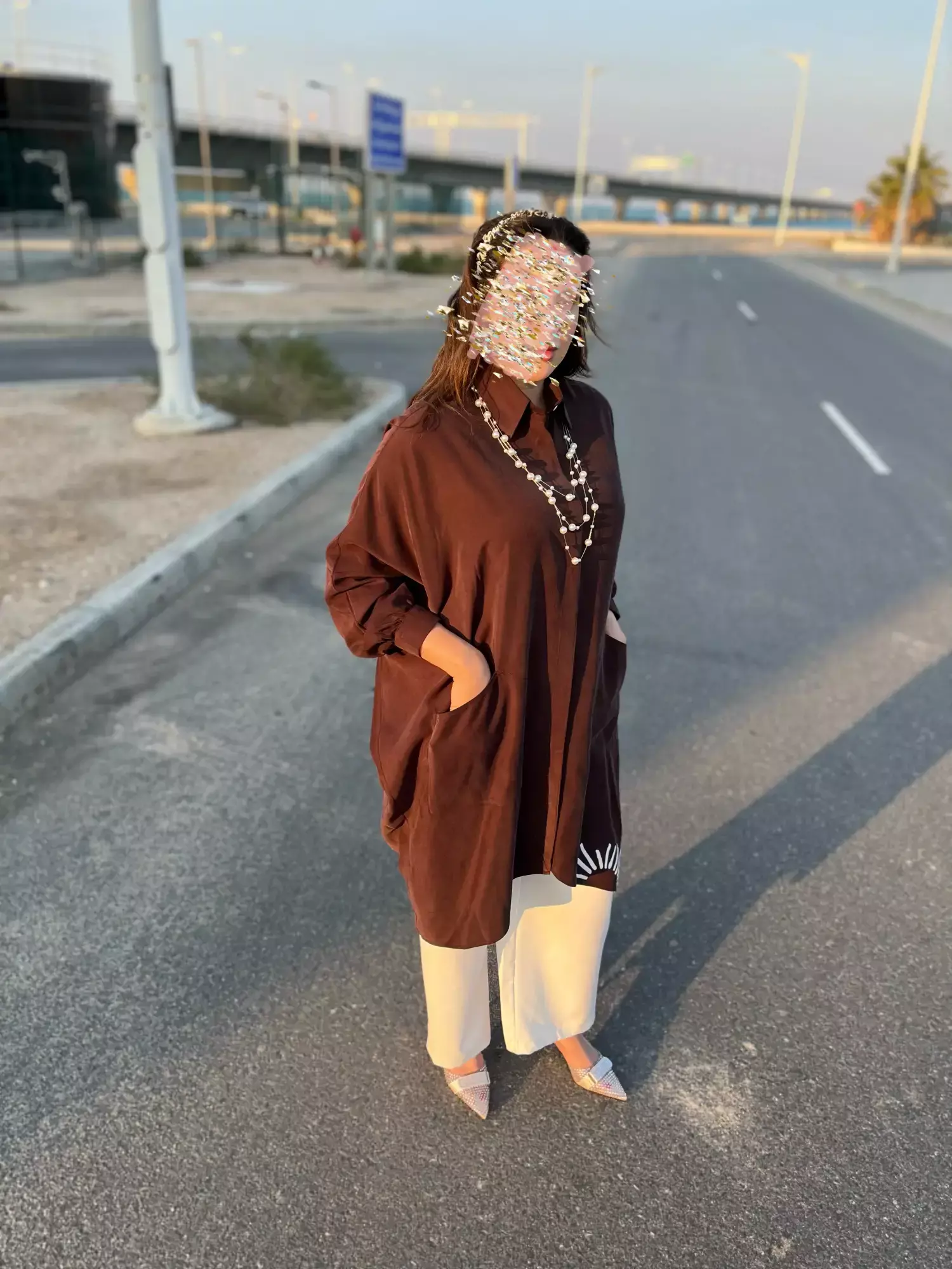 قميص طويل من اللنن مع طباعة - اسود - FS image 0