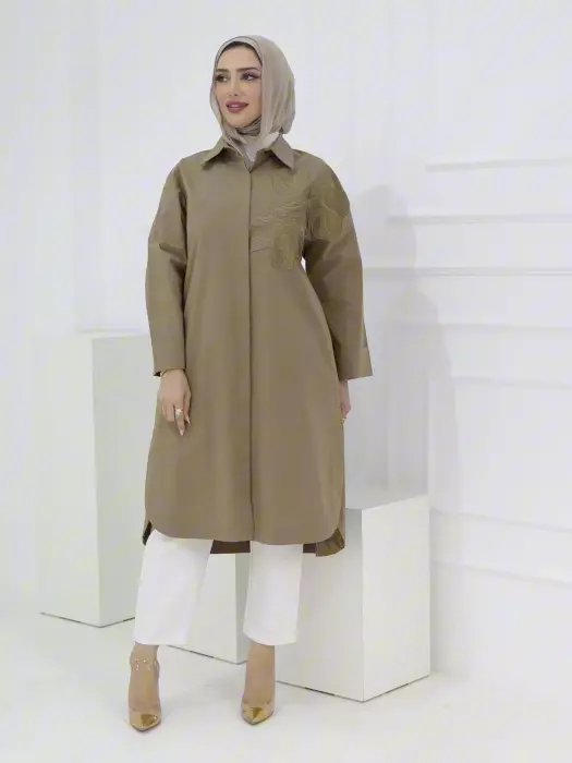 قميص طويل مع تطريز - بيج كموني - 2 image 1