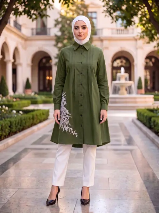 قميص طويل بكسرات ناعمة-زيتي-4 image 0