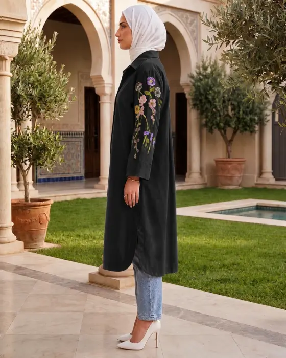 قميص طويل بورود مطرزة-اسود-3 image 1
