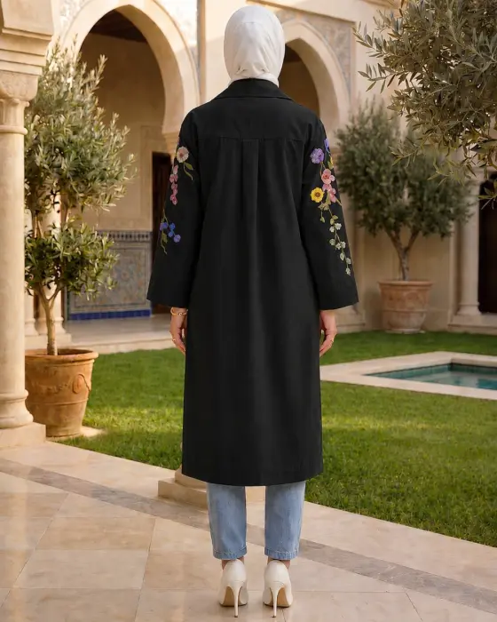 قميص طويل بورود مطرزة-اسود-3 image 2