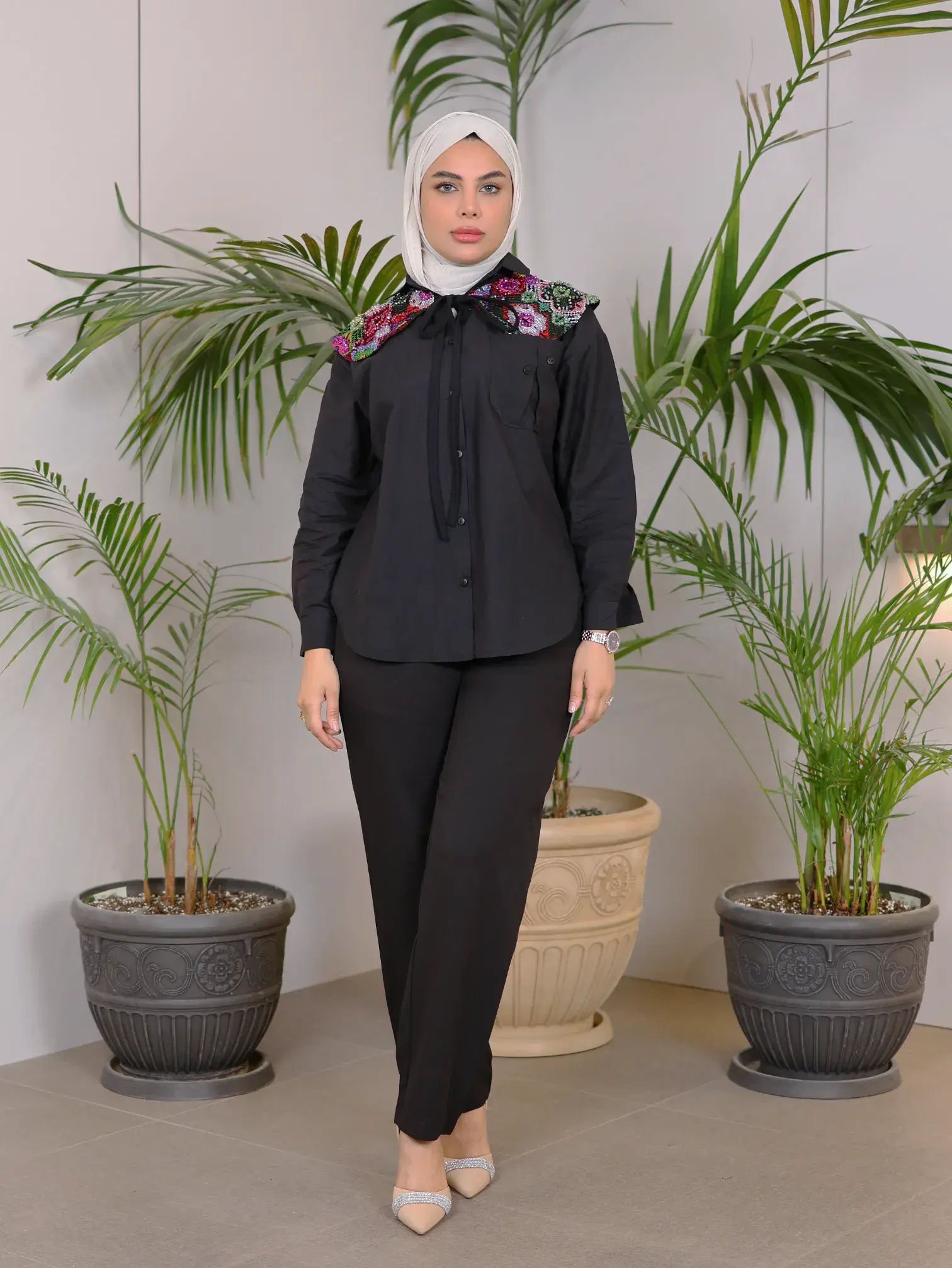 قميص مع سكارف العصري - اسود - 2 image 0