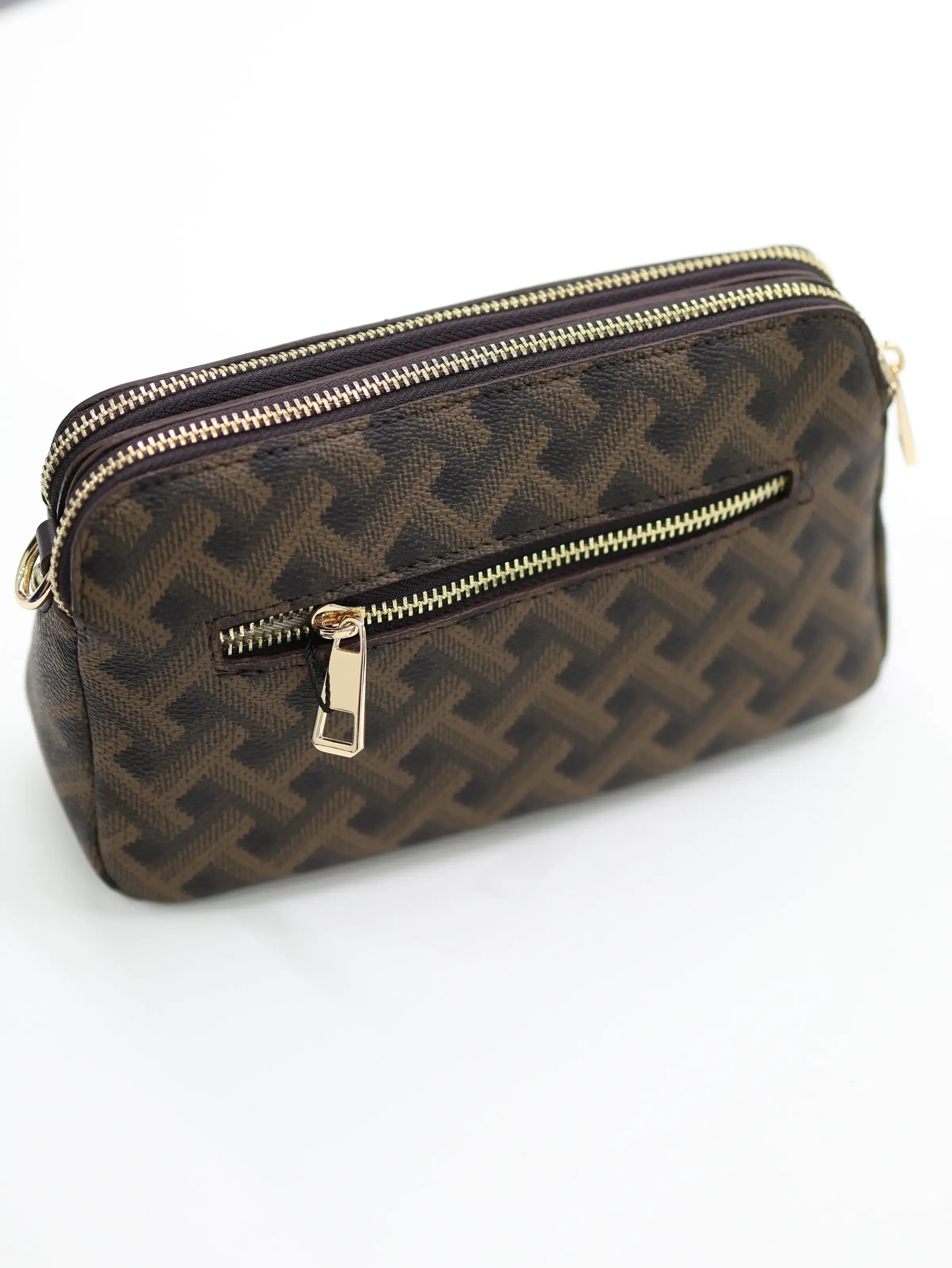 Patterned Double Zipper Shoulder Bag - Brown image 1