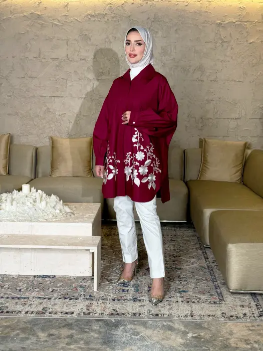 قميص قطني واسع - عنابي - FS image 0