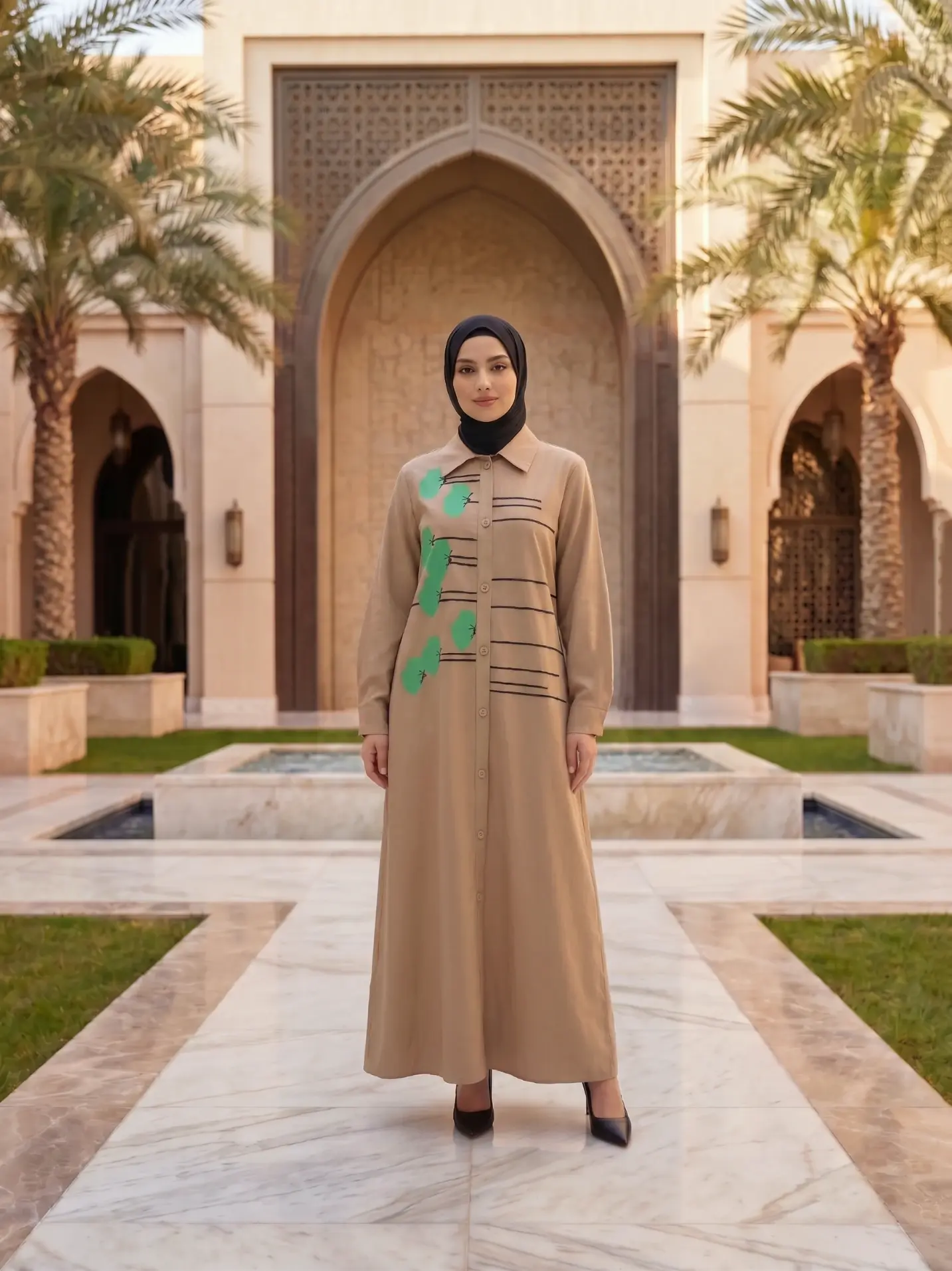 فستان نسائي برسومات ورود أنيق للمحجبات