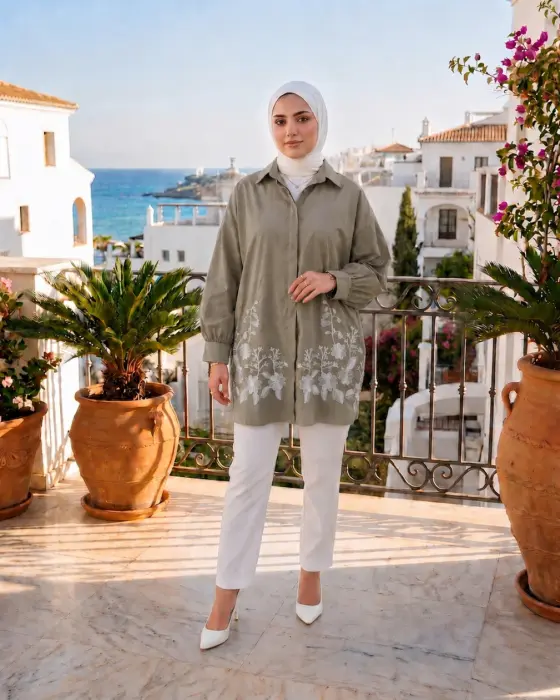 قميص قطني واسع-بيج فاتح-FS image 0