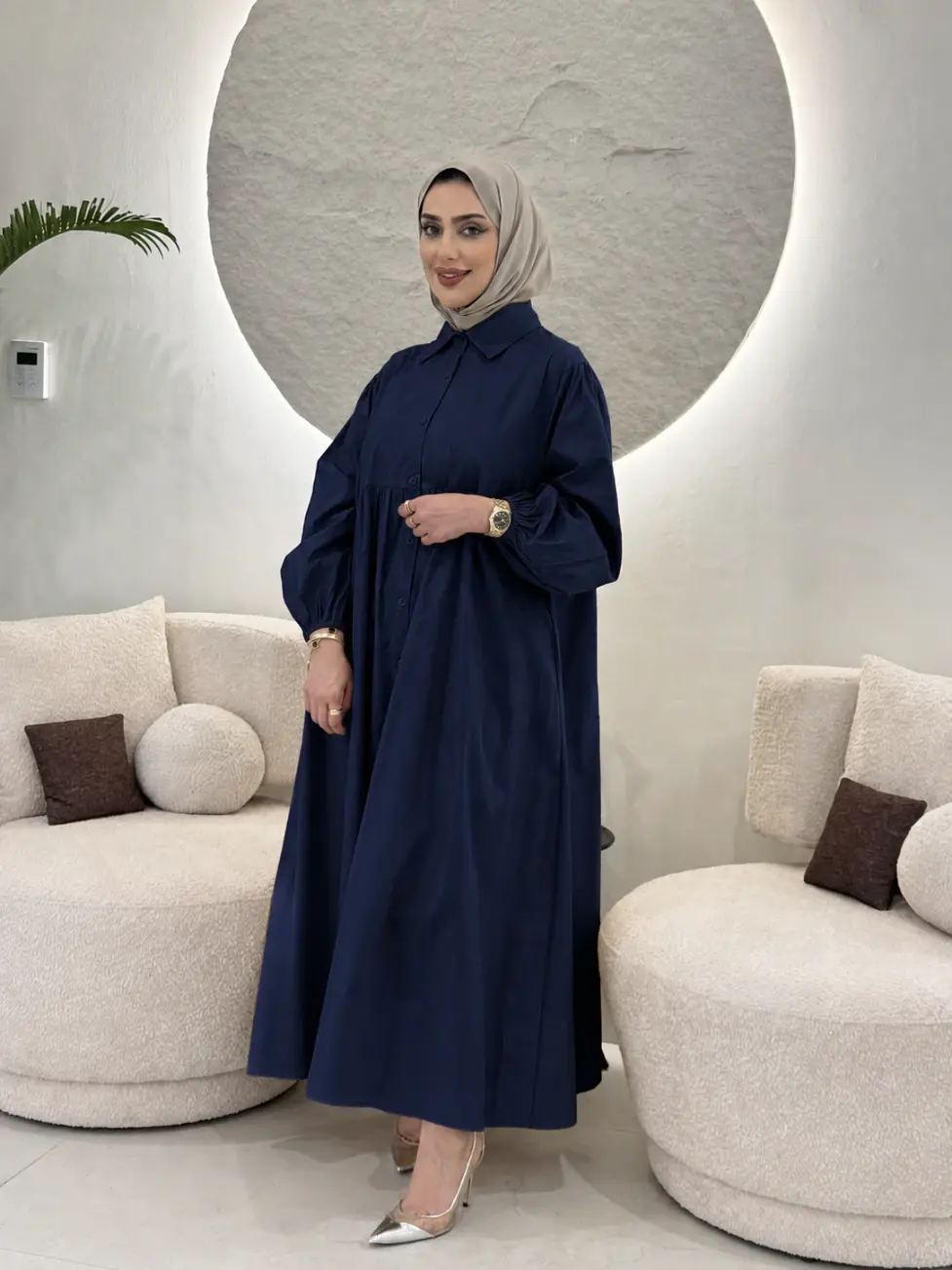 فستان قطن باللون الكحلي للمحجبات
