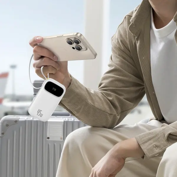 OS-Baseus EnerFill FC31 Digital Display Power Bank  with 2 Built-in USB-C Cables 20000mAh 45W Moon White image 2