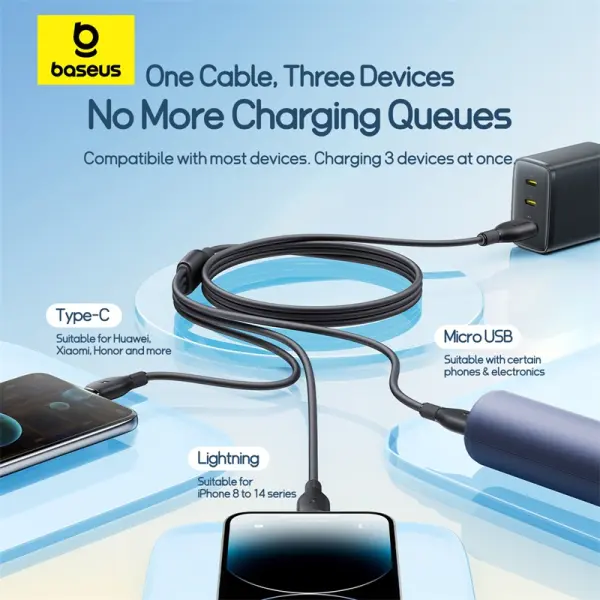 Baseus Ultra-Fast One-for-Three Fast Charging Cable USB-A to M+L+C 3.5A 0.8m Cosmic Black image 9