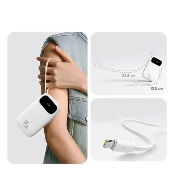 OS-Baseus EnerFill FC31 Digital Display Power Bank  with 2 Built-in USB-C Cables 20000mAh 45W Moon White image 4