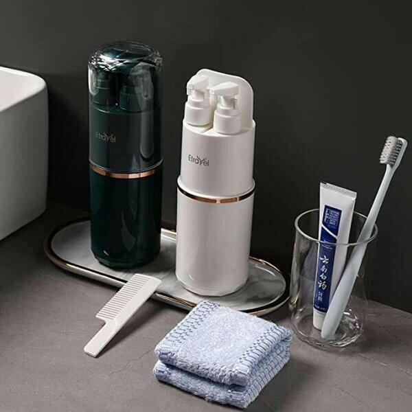Portable Travel Toothbrush Holder with Rinse Cup, Shampoo/Lotion Pump and Mirror - Black image 1
