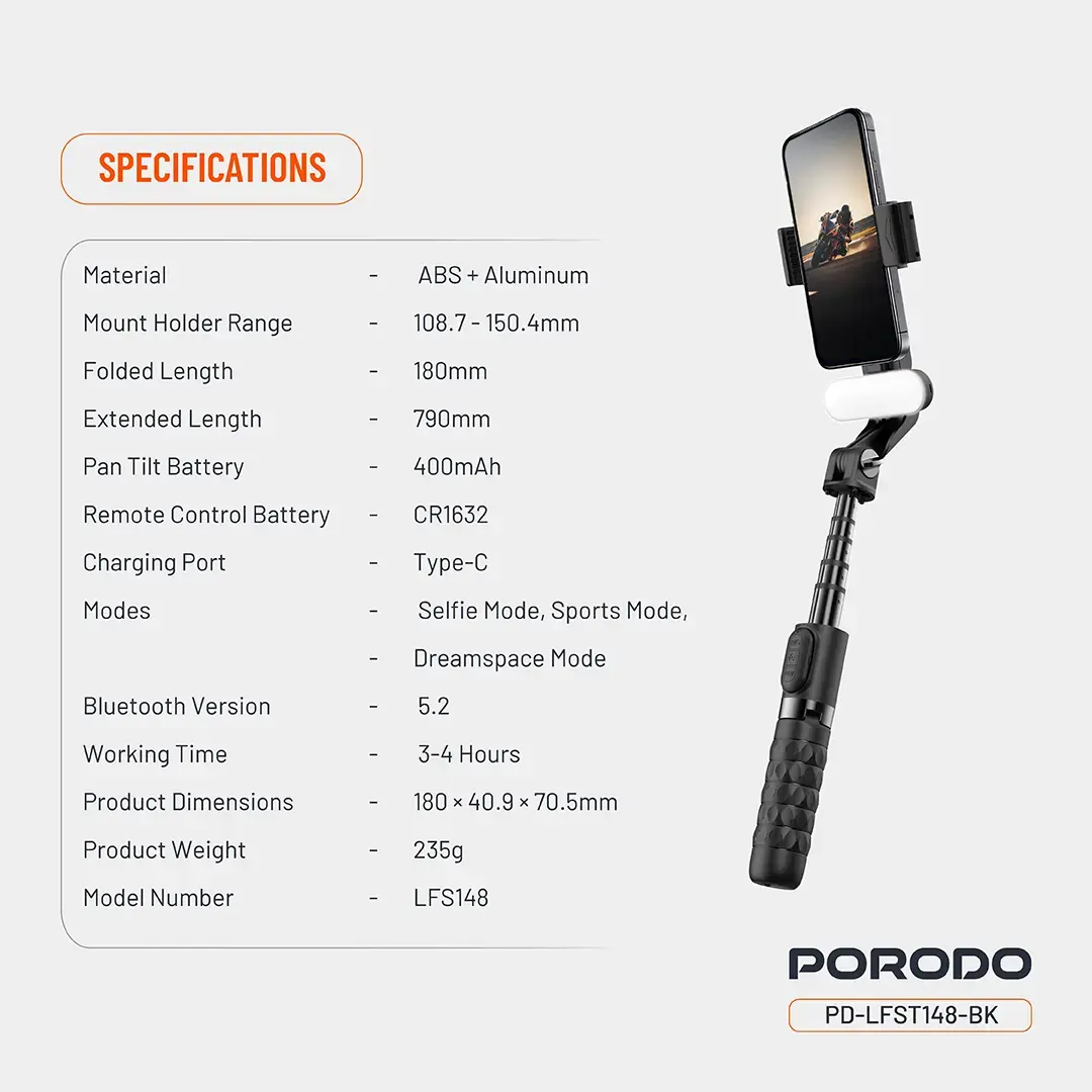 Porodo QuadBase Gimbal Stabilizer with Detachable Fill Light, 10.87 to 15.04cm Mount Holder Range, Anti-Shake, 79cm Extended Length, Remote Control - Black image 8