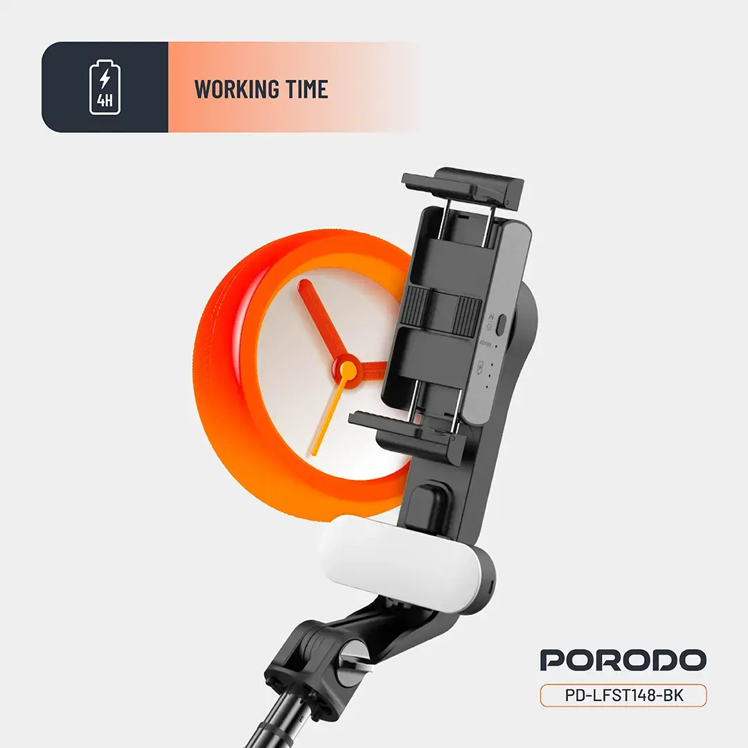 Porodo QuadBase Gimbal Stabilizer with Detachable Fill Light, 10.87 to 15.04cm Mount Holder Range, Anti-Shake, 79cm Extended Length, Remote Control - Black image 3