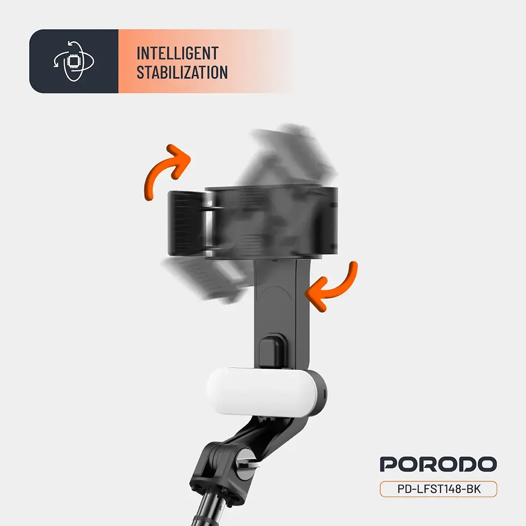 Porodo QuadBase Gimbal Stabilizer with Detachable Fill Light, 10.87 to 15.04cm Mount Holder Range, Anti-Shake, 79cm Extended Length, Remote Control - Black image 1