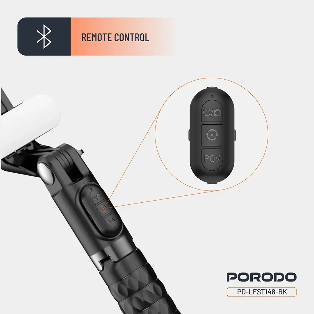 Porodo QuadBase Gimbal Stabilizer with Detachable Fill Light, 10.87 to 15.04cm Mount Holder Range, Anti-Shake, 79cm Extended Length, Remote Control - Black image 6