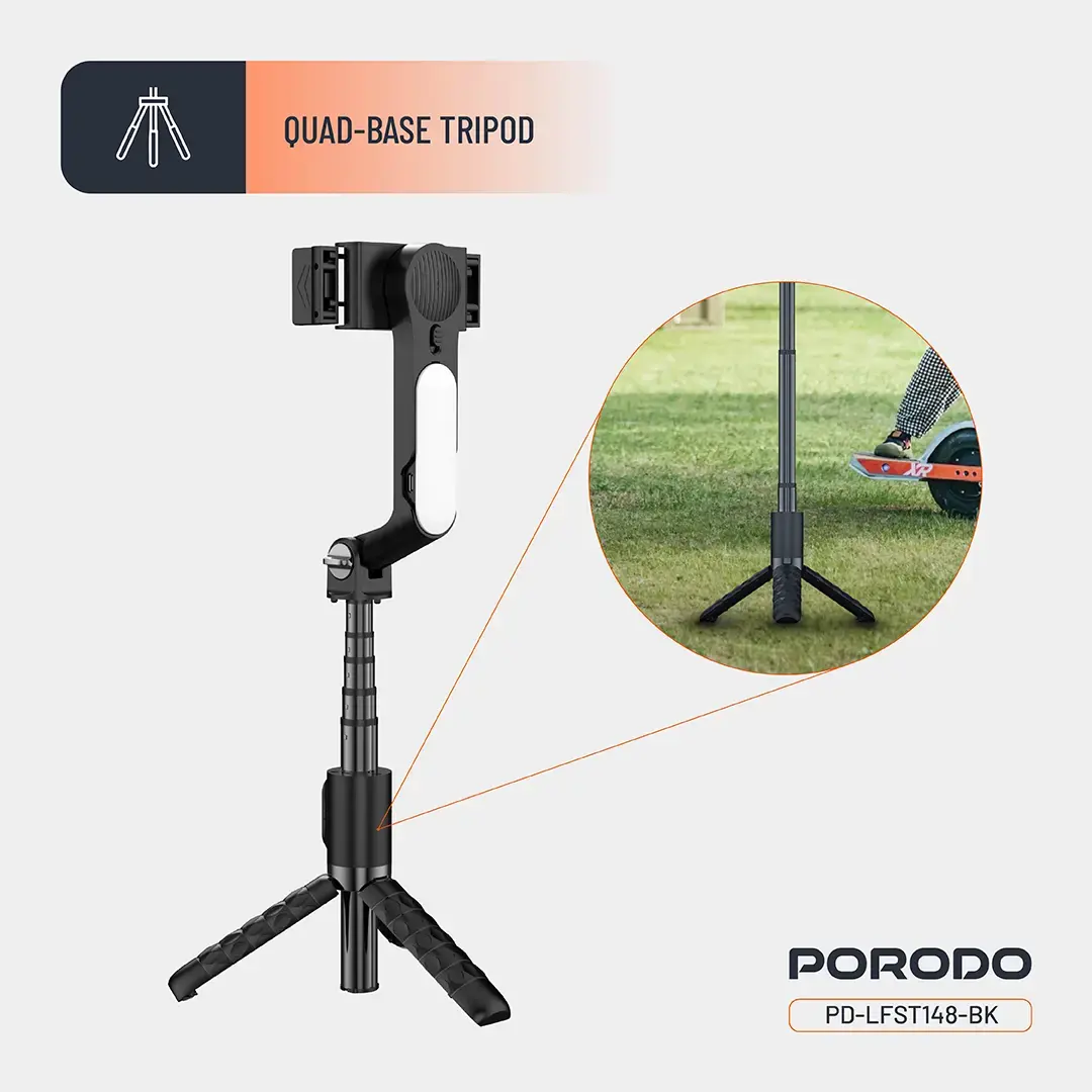 Porodo QuadBase Gimbal Stabilizer with Detachable Fill Light, 10.87 to 15.04cm Mount Holder Range, Anti-Shake, 79cm Extended Length, Remote Control - Black image 2